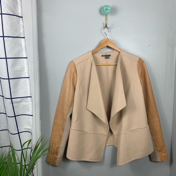 Vince Jackets & Blazers - Vince Leather Sleeve Wool Blend Draped Jacket
